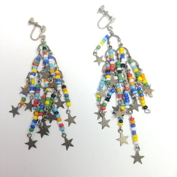 Vintage Colroful Beaded Fringe Dangle Clip On Earrings with Star Charms, Funky - Picture 5 of 5